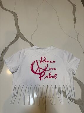 Rebel Athletic Peace Love Rebel Fringe Crop Tee - White with Pink Graphic YL